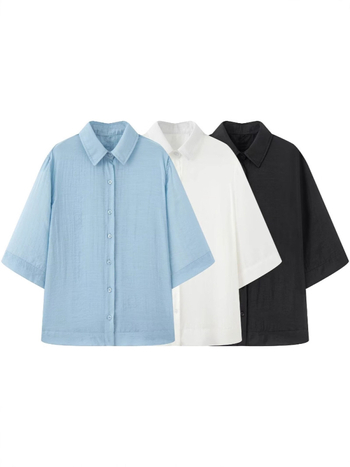 Košulja s reverom, kratki rukavi, jednobojna kopčanja na jedan red, tkanina poliester-pamuk mješavina (80–90% pamuka), japansko-korejski ležerni stil