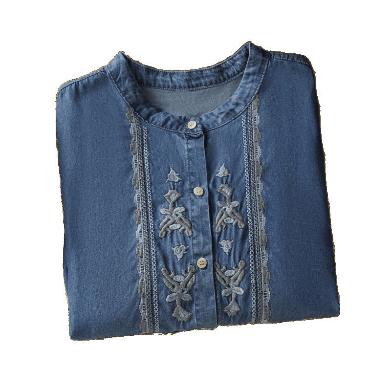 Košulja s vezom na denimu (95% pamuka), okrugli izrez, kratki rukavi, širok kroj