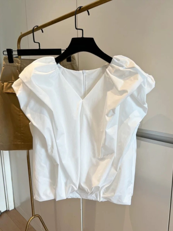 Ženski bezrukavni top s plisiranim V-izrezom, poliester, korejski stil