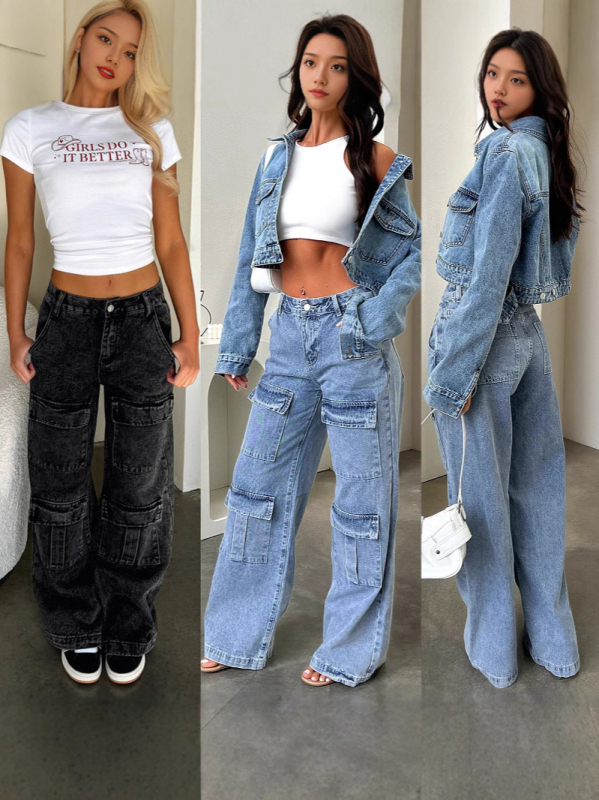 Egyenes szárú farmernadrág munkaruházati stílusban, mosott pamut denim, középmagas derék, bő szabás, 80–90% pamut, 2024 ősz kiadás