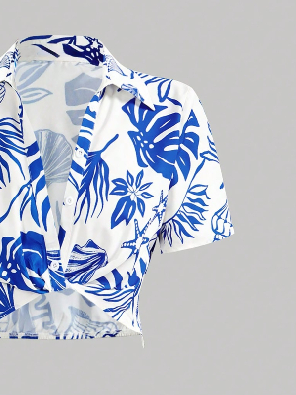 Koreai stílusú basic ing, V-nyakú, rövid ujjú smockinggal, virágmintás poliészter anyag (95%+)