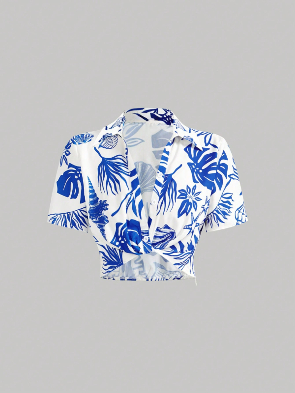 Koreai stílusú basic ing, V-nyakú, rövid ujjú smockinggal, virágmintás poliészter anyag (95%+)