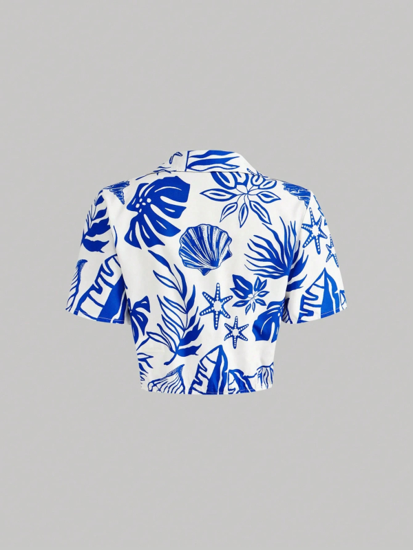 Koreai stílusú basic ing, V-nyakú, rövid ujjú smockinggal, virágmintás poliészter anyag (95%+)