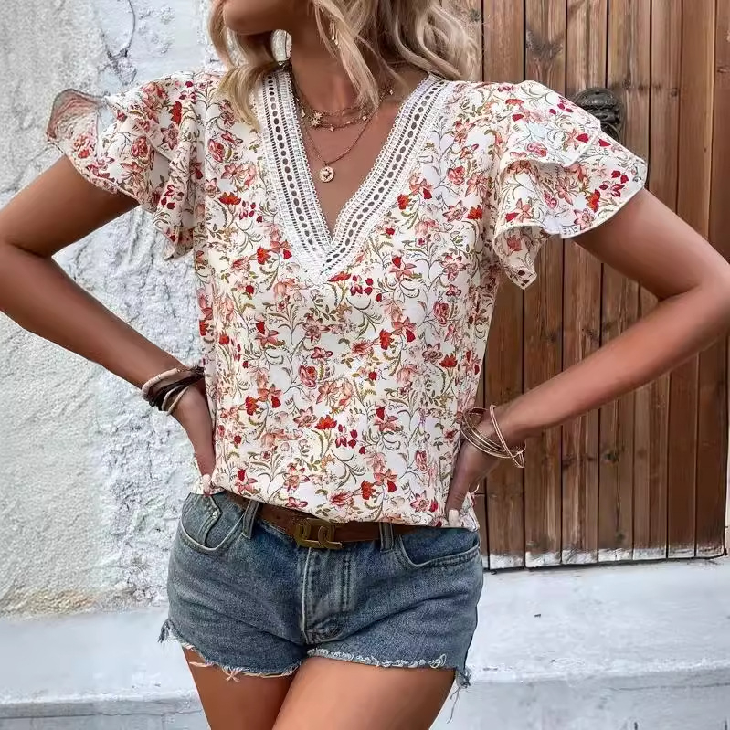 Košulja od poliestera, floralni uzorak, boemski stil, V-izrez