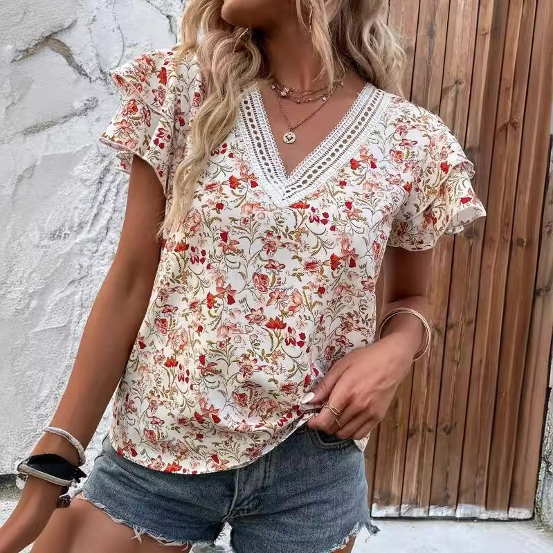 Košulja od poliestera, floralni uzorak, boemski stil, V-izrez