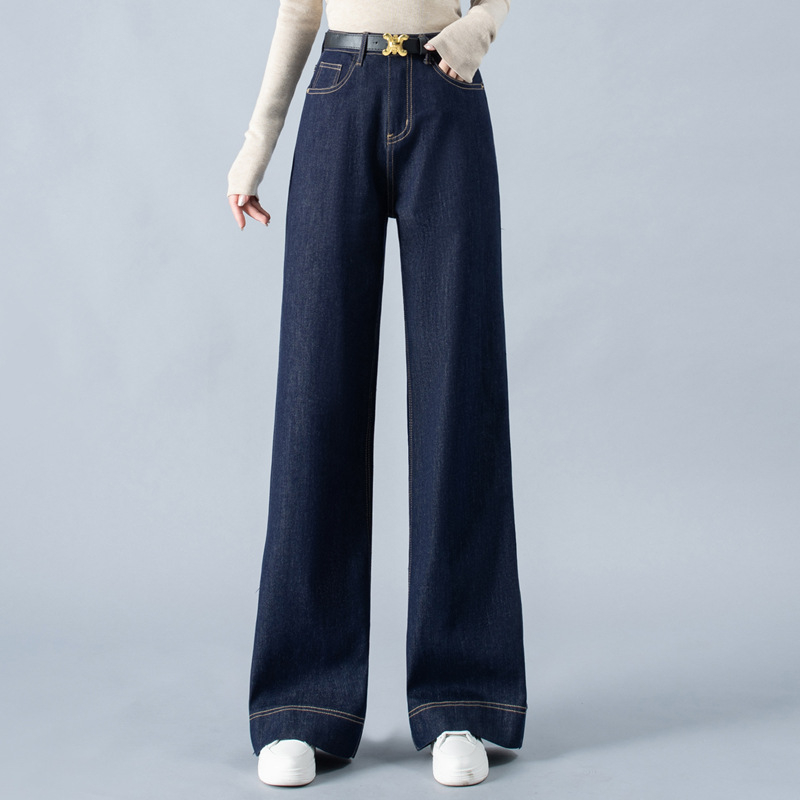 Női farmernadrág denimból, magas derekú, széles szárú, enyhén bővülő, homokmosott felület