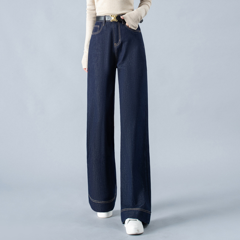 Női farmernadrág denimból, magas derekú, széles szárú, enyhén bővülő, homokmosott felület