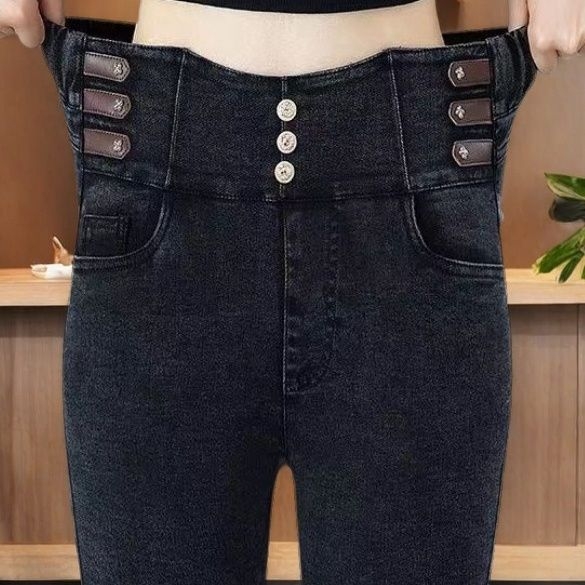 Дънки с висока талия и Bootcut, деним памук, подплатени с флис, дебели за студено време, дълги панталони, есен 2025