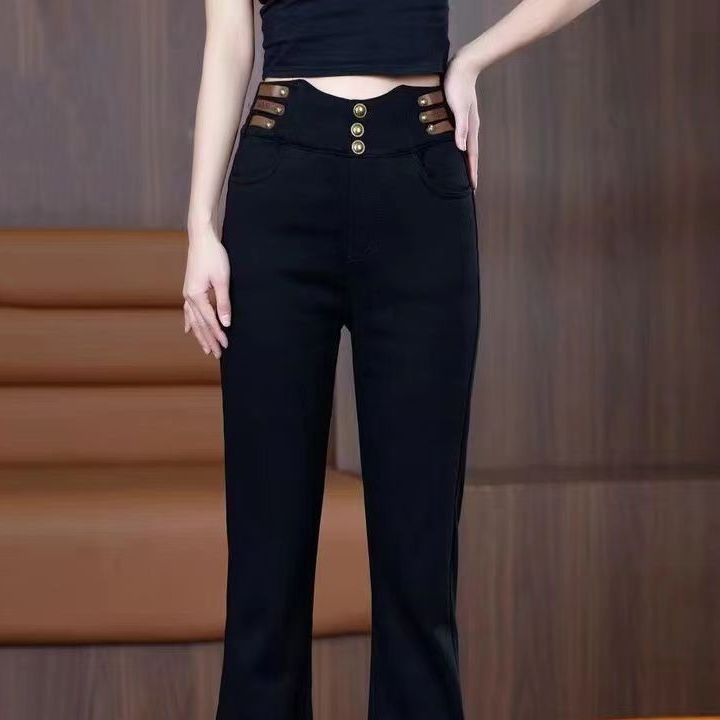 Дънки с висока талия и Bootcut, деним памук, подплатени с флис, дебели за студено време, дълги панталони, есен 2025