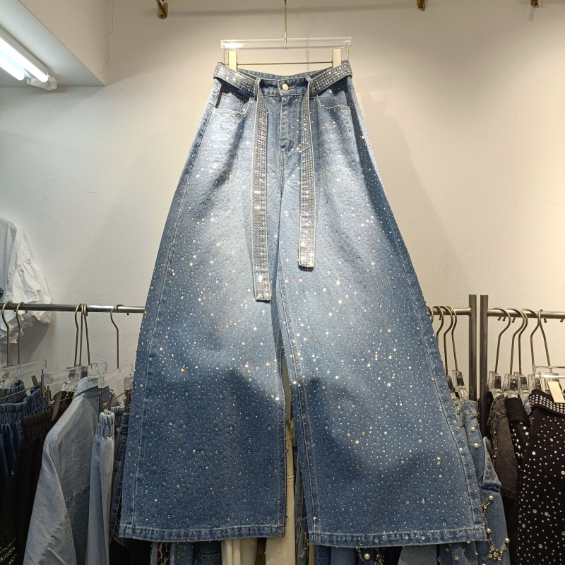 Traperice širokih nogavica s visokim strukom, denim s 50–70% pamuka, srednja debljina, street style, duljina hlača: hlače, zimska verzija 2024