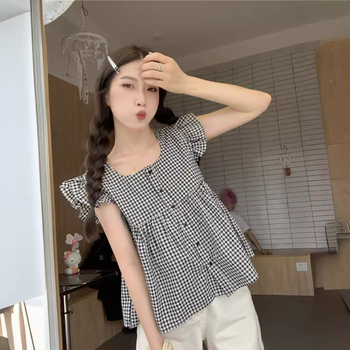 Košulja od šifona, kratki puff rukavi, četvrtasti ovratnik, uski kroj, pulover stil