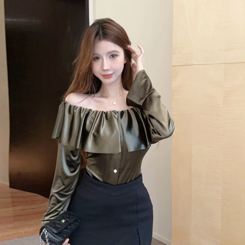 Bluza s jednim ramenom, poliester materijal, patchwork uzorak, rub s lišćem lotosa, uski kroj