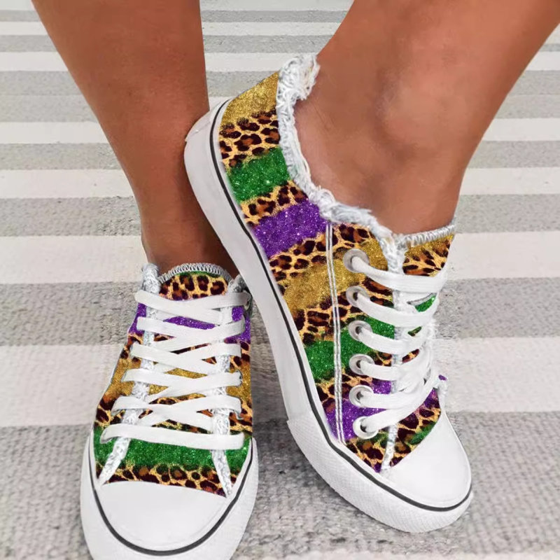 Ženske casual platnene tenisice s floralnim printom Cherry Blossom i leopardim uzorkom, vezanje, okrugla nosnica