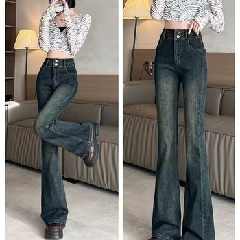 Traperice s visokim strukom, širokim krojem, mikroelastične, denim s 50–70% pamuka i 30–50% poliestera, zima 2024, osnovni retro stil