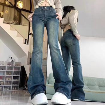 Traperice s visokim strukom, širokim krojem, mikroelastične, denim s 50–70% pamuka i 30–50% poliestera, zima 2024, osnovni retro stil