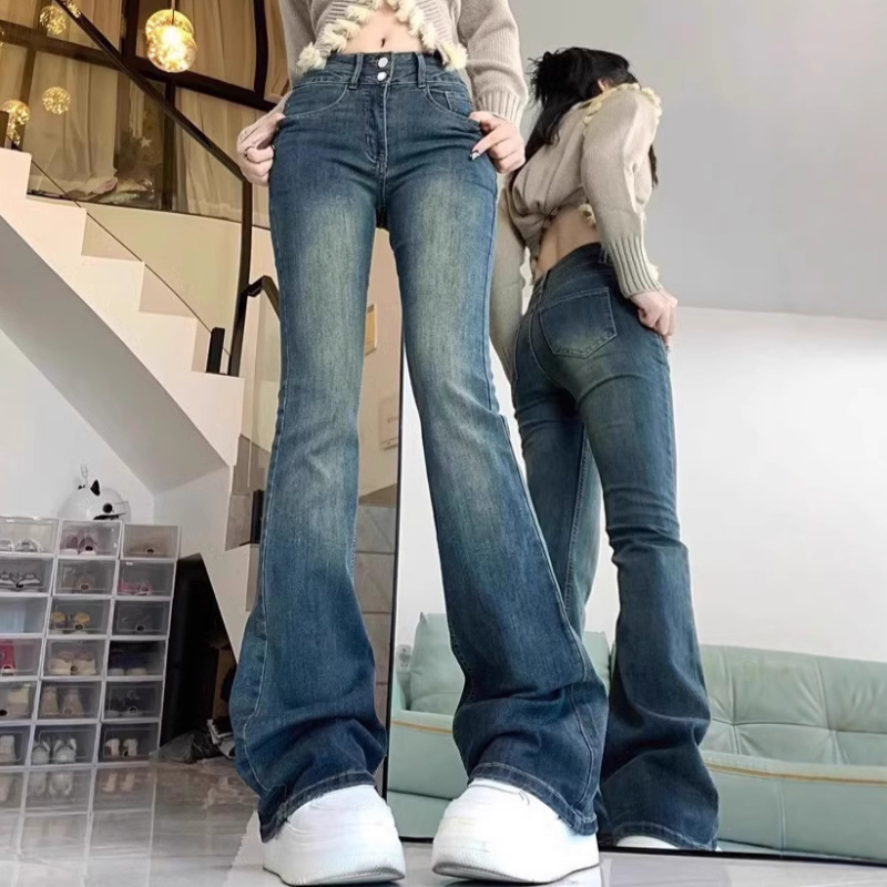 Traperice s visokim strukom, širokim krojem, mikroelastične, denim s 50–70% pamuka i 30–50% poliestera, zima 2024, osnovni retro stil