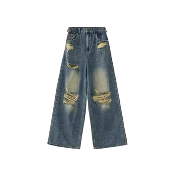 Traperice visokim strukom, poderane detalje, ravno slobodan kroj s širokim nogama, pamuk denim