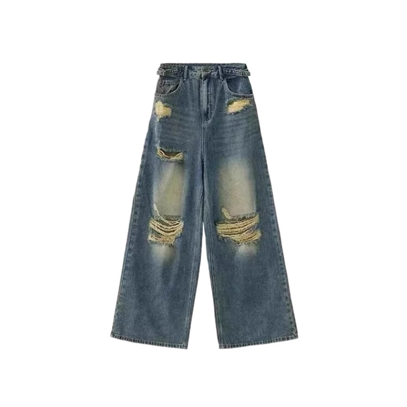 Traperice visokim strukom, poderane detalje, ravno slobodan kroj s širokim nogama, pamuk denim