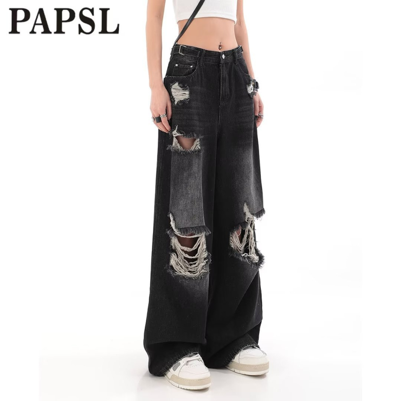 Traperice visokim strukom, poderane detalje, ravno slobodan kroj s širokim nogama, pamuk denim
