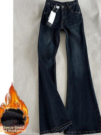 Crne ženske traperice od denima s podstavom za jesen-zimu, niska straž, bootcut kroj, elastične