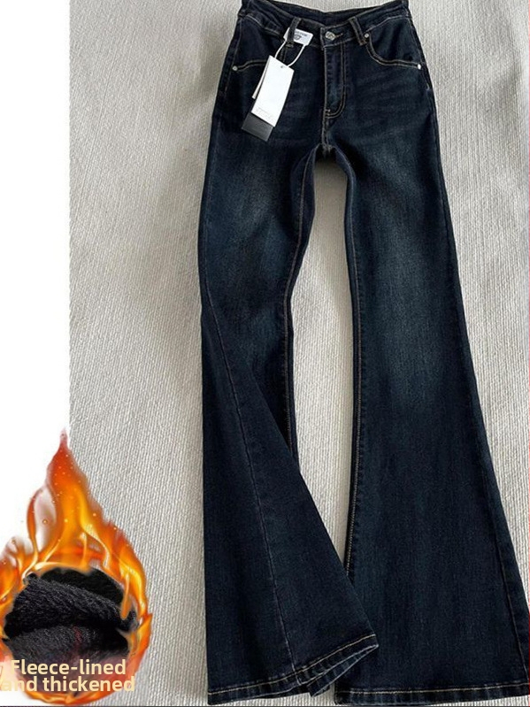 Crne ženske traperice od denima s podstavom za jesen-zimu, niska straž, bootcut kroj, elastične