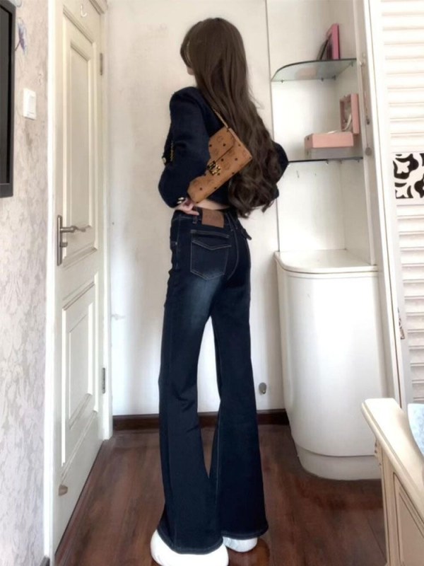 Crne ženske traperice od denima s podstavom za jesen-zimu, niska straž, bootcut kroj, elastične