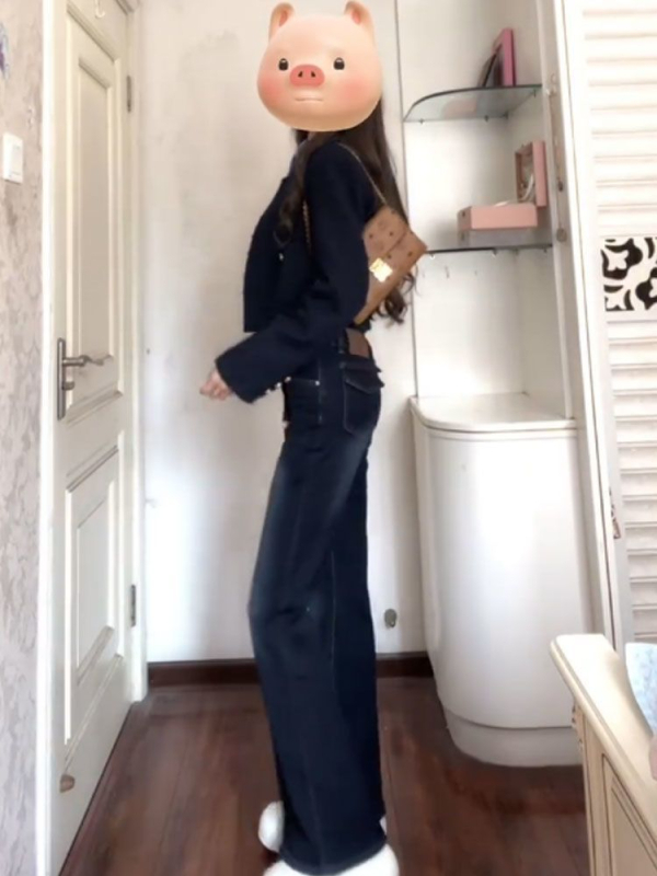 Crne ženske traperice od denima s podstavom za jesen-zimu, niska straž, bootcut kroj, elastične