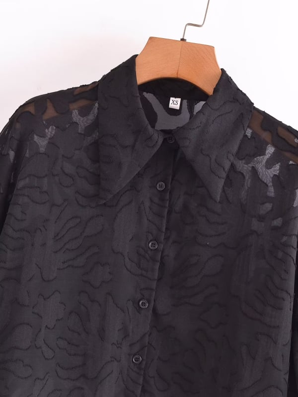 Ženska košula s Lantern rukavima u jacquard tkanini, poliester ≥95%, ovratnik, jednodijelna kopčanje, street fashionista, proljeće 2025