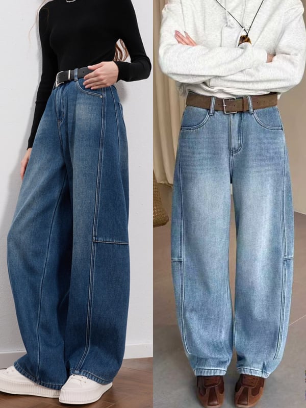 Ženski džinsi sa širokim krojem, velurušu podlogom za zimu, visoki struk, debeli materijal, denim od pamuka s vlaknom regenerirane celuloze, mikroelastičnost