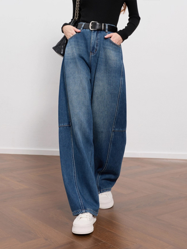 Ženski džinsi sa širokim krojem, velurušu podlogom za zimu, visoki struk, debeli materijal, denim od pamuka s vlaknom regenerirane celuloze, mikroelastičnost