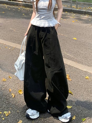 Denim hlače sa scimitar krojem i širokim nogavicama, visokim strukom, patchwork detalj, 50–70% pamuk