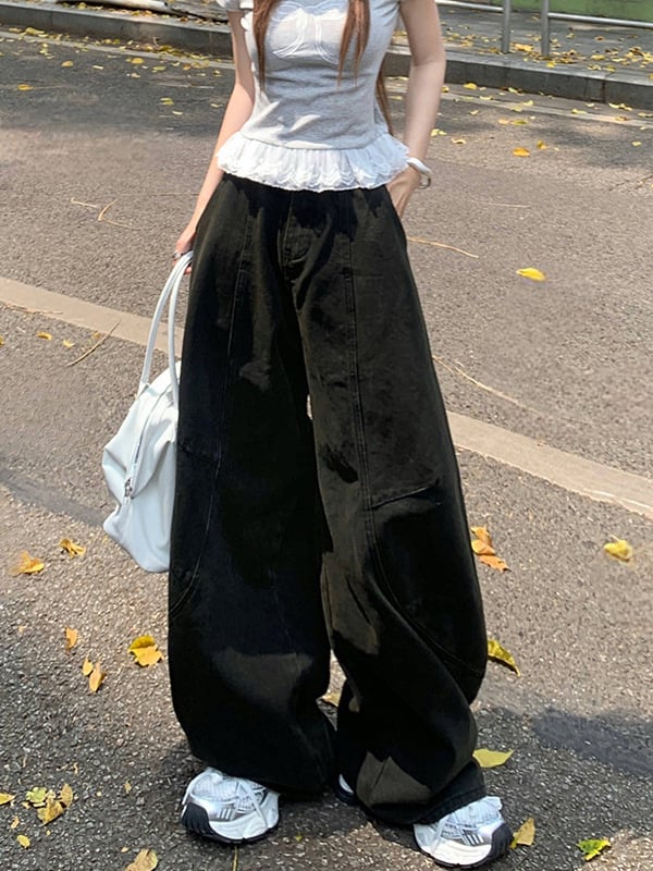 Denim hlače sa scimitar krojem i širokim nogavicama, visokim strukom, patchwork detalj, 50–70% pamuk