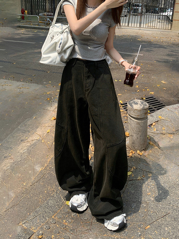 Denim hlače sa scimitar krojem i širokim nogavicama, visokim strukom, patchwork detalj, 50–70% pamuk