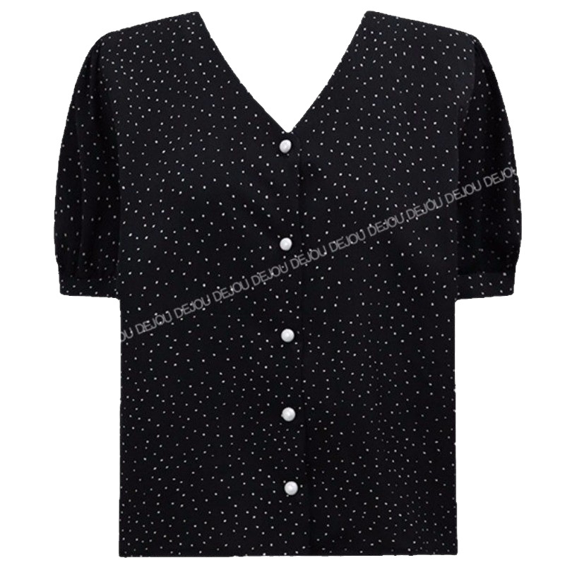 Šifonska košulja s V‑izrezom, kratki rukavi, točkasti uzorak, udoban kroj