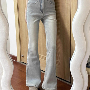Traperice visokim strukom, elastične, bootcut kroj, oprani denim, debeli materijal