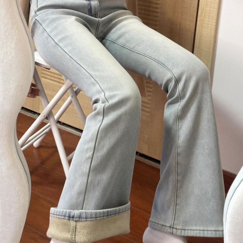 Traperice visokim strukom, elastične, bootcut kroj, oprani denim, debeli materijal