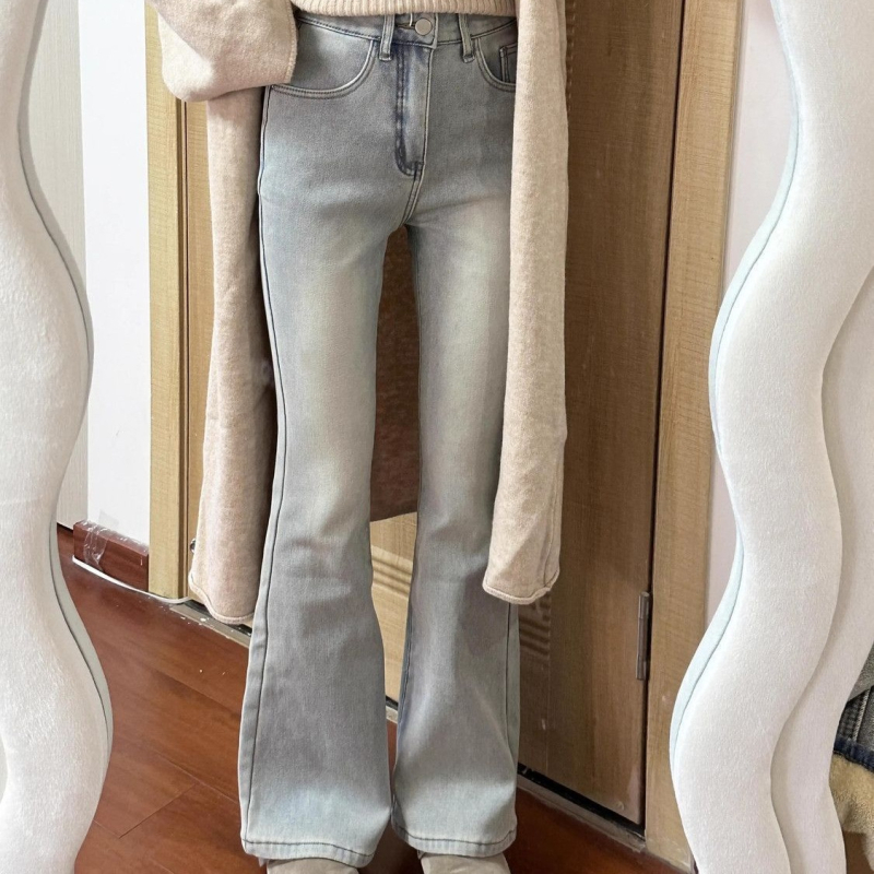 Traperice visokim strukom, elastične, bootcut kroj, oprani denim, debeli materijal