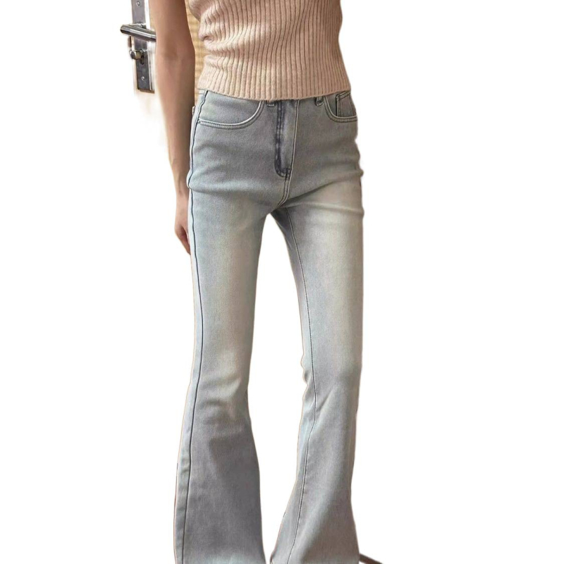 Traperice visokim strukom, elastične, bootcut kroj, oprani denim, debeli materijal
