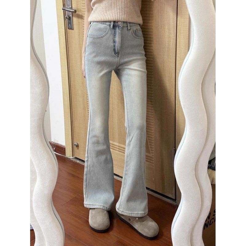 Traperice visokim strukom, elastične, bootcut kroj, oprani denim, debeli materijal