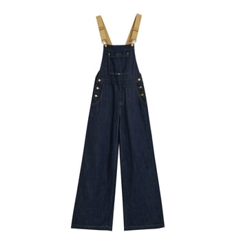 Ženski džins kombinezon s naramenicama, visokim strukom, širokim ravnim nogavicama, duljina do poda, pamuk denim
