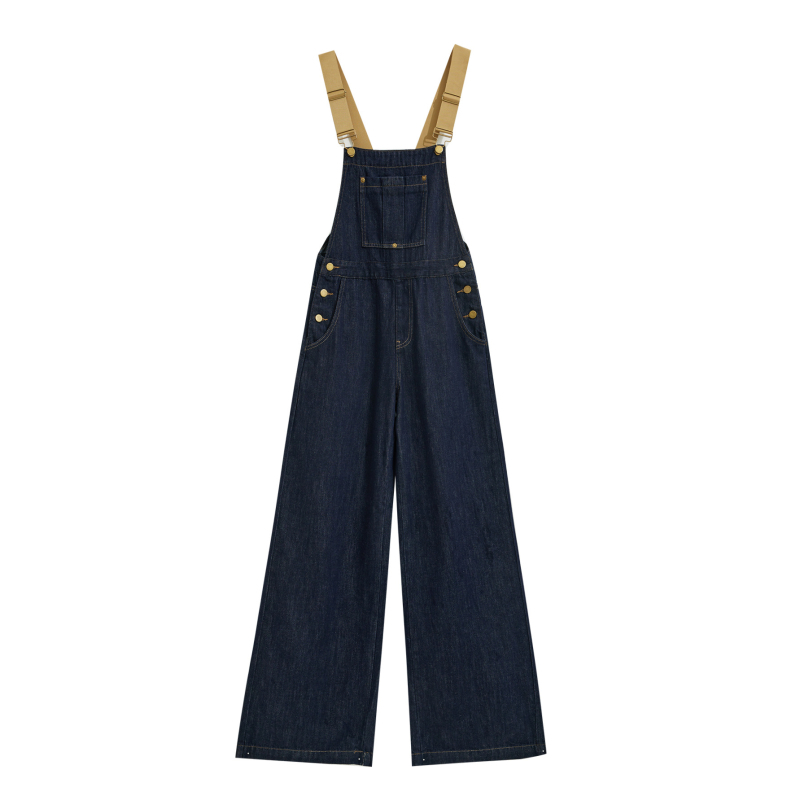 Ženski džins kombinezon s naramenicama, visokim strukom, širokim ravnim nogavicama, duljina do poda, pamuk denim