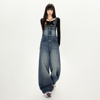 Ženski denimski overal u retro stilu, podesiva struka, široke nogavice, duljina do poda