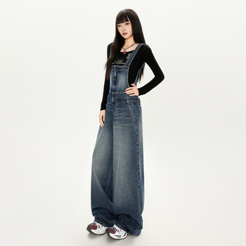 Ženski denimski overal u retro stilu, podesiva struka, široke nogavice, duljina do poda