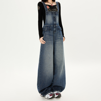 Ženski denimski overal u retro stilu, podesiva struka, široke nogavice, duljina do poda
