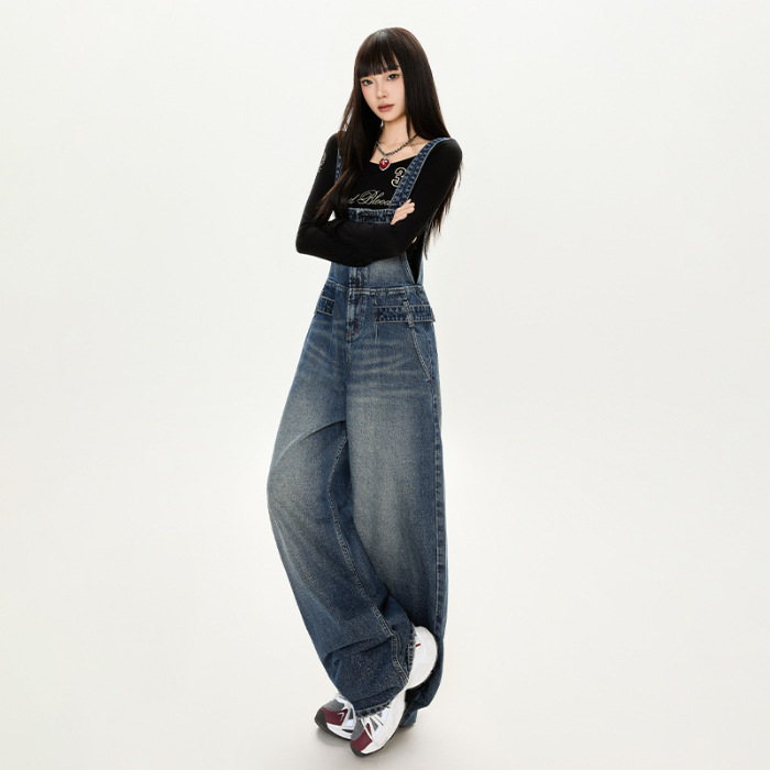 Ženski denimski overal u retro stilu, podesiva struka, široke nogavice, duljina do poda