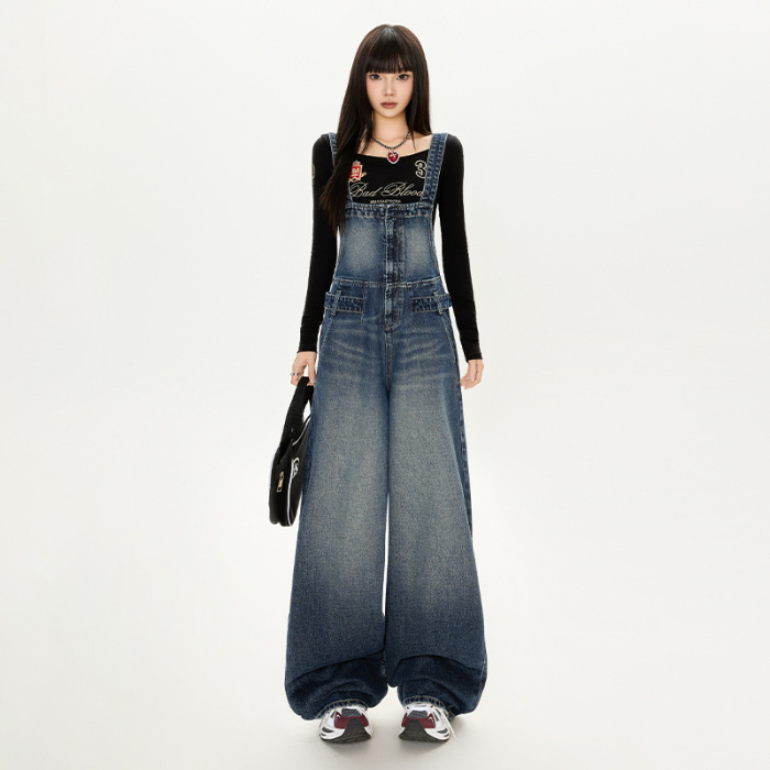 Ženski denimski overal u retro stilu, podesiva struka, široke nogavice, duljina do poda
