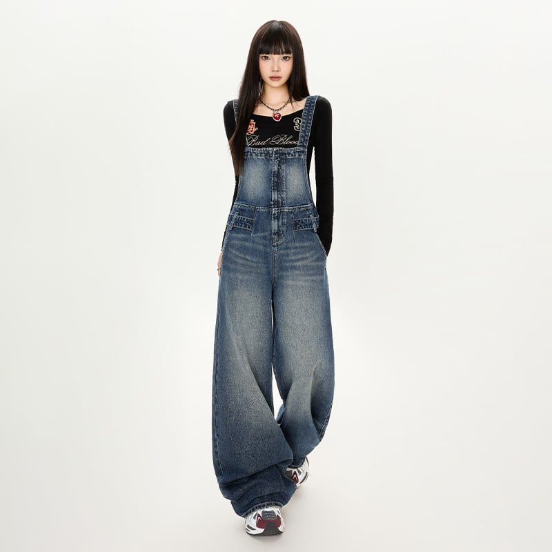 Ženski denimski overal u retro stilu, podesiva struka, široke nogavice, duljina do poda