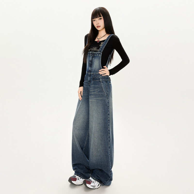 Ženski denimski overal u retro stilu, podesiva struka, široke nogavice, duljina do poda