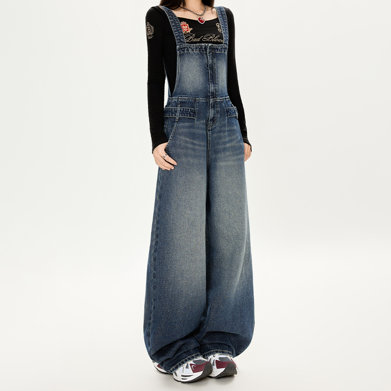Ženski denimski overal u retro stilu, podesiva struka, široke nogavice, duljina do poda