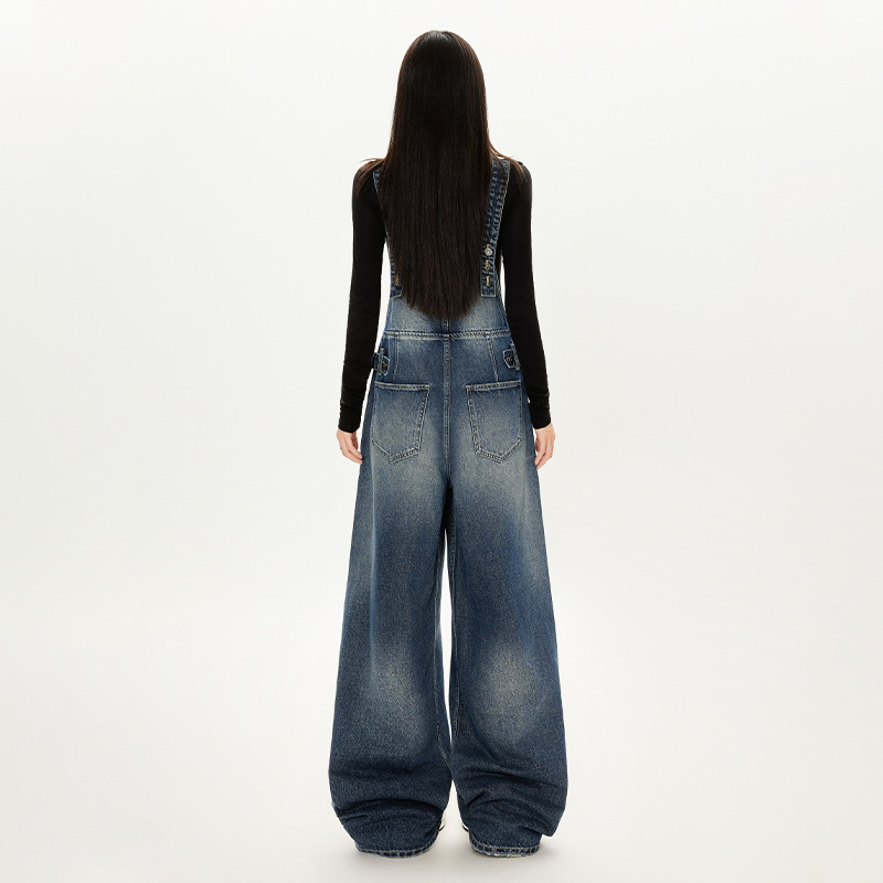 Ženski denimski overal u retro stilu, podesiva struka, široke nogavice, duljina do poda